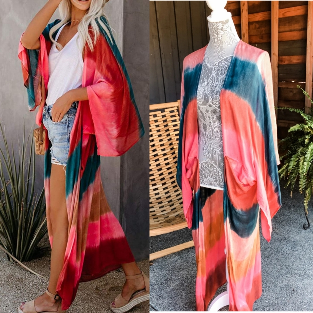 1 left!New Tie Dye Long Kimono Beach Swim Cover Up - Picture 3 of 6
